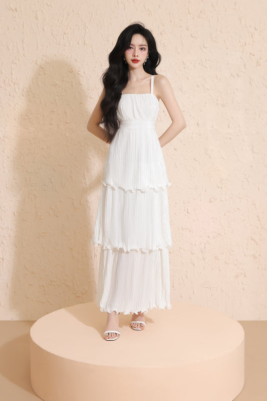 Xylia Pleated Tiered Maxi Dress in White