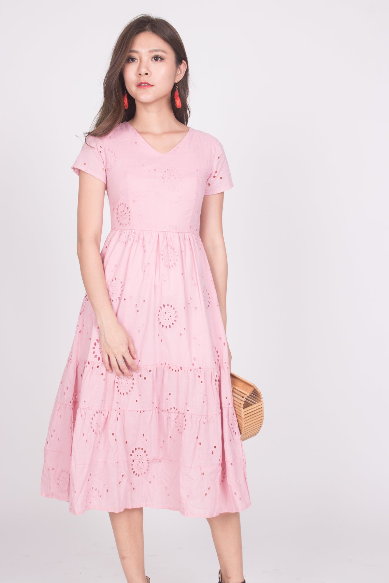 Yista Eyelet Midi Dress in Pink