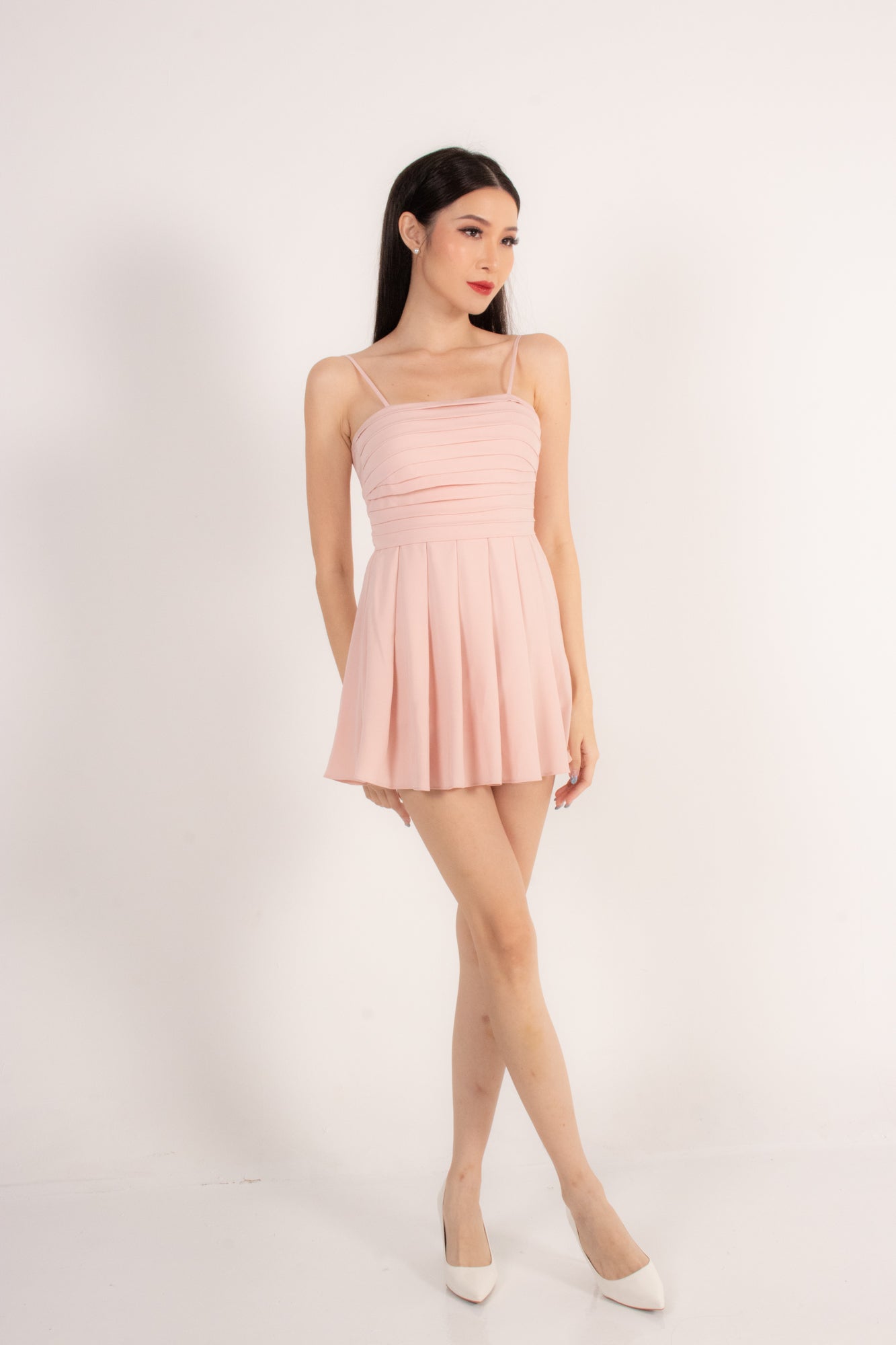 Joielia Pleated Babydoll Dress Romper in Pale Pink