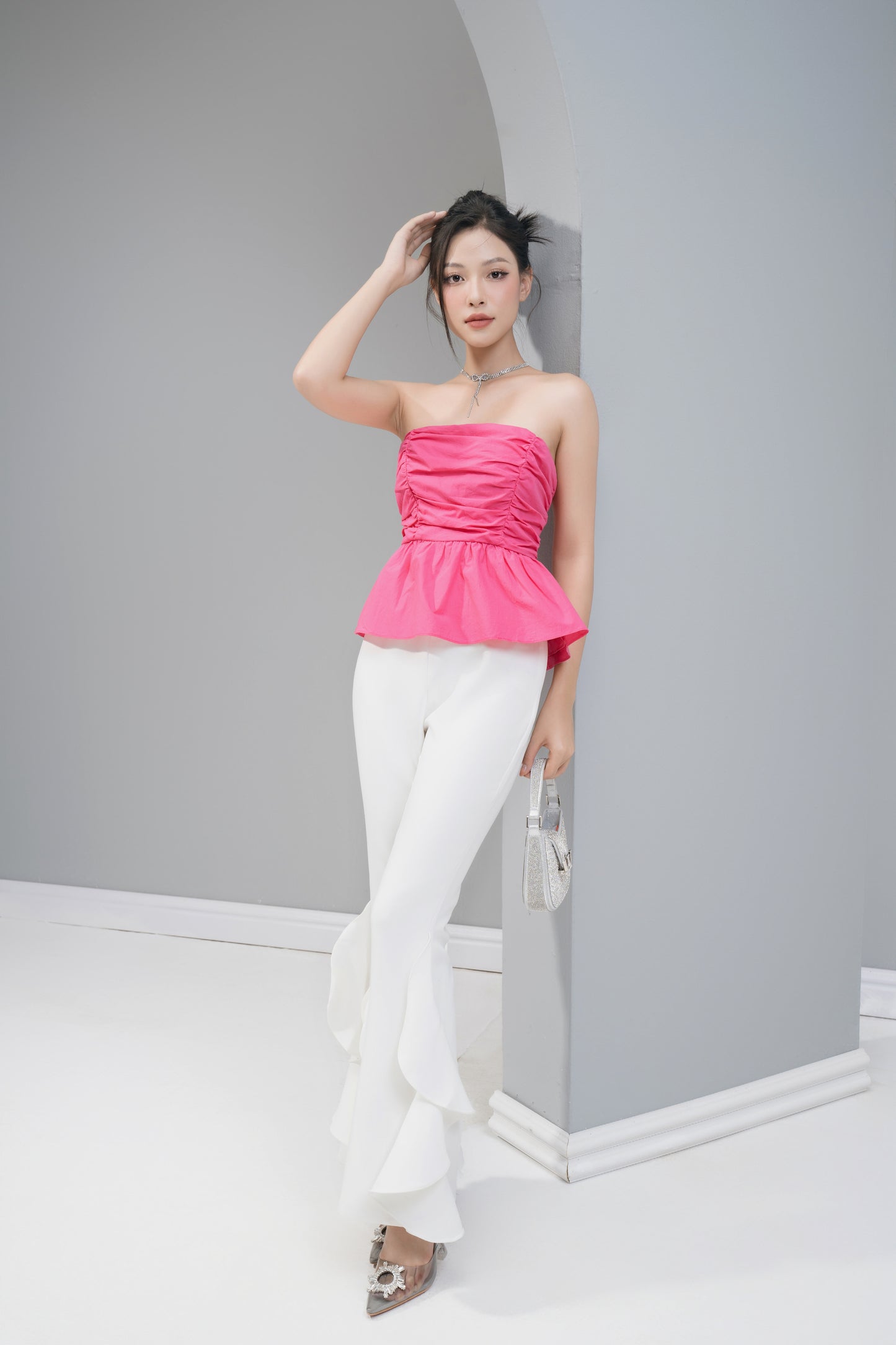 Annielia Ruched Bustier Top in Hot Pink