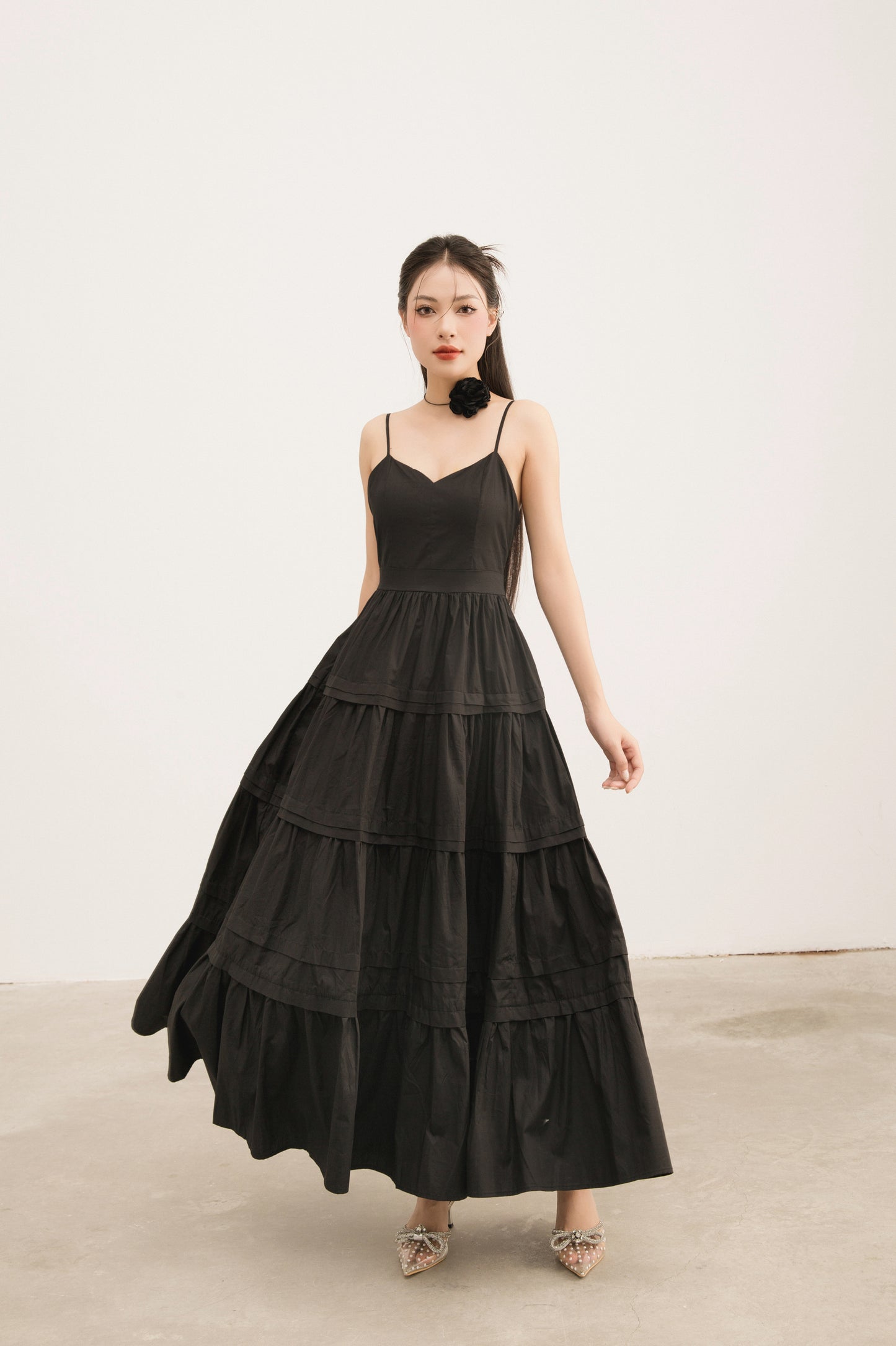 Zoilia Tiered Maxi Dress in Black