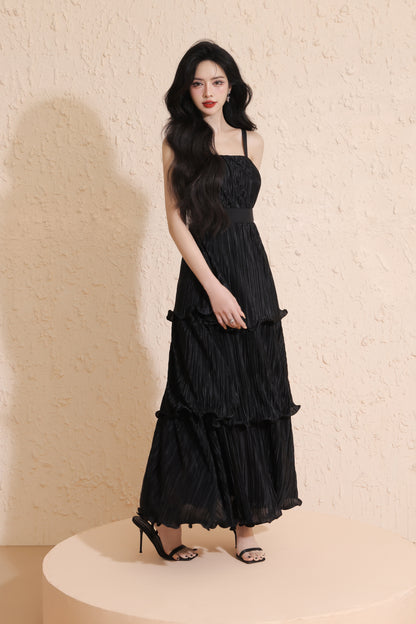 Xylia Pleated Tiered Maxi Dress in Black