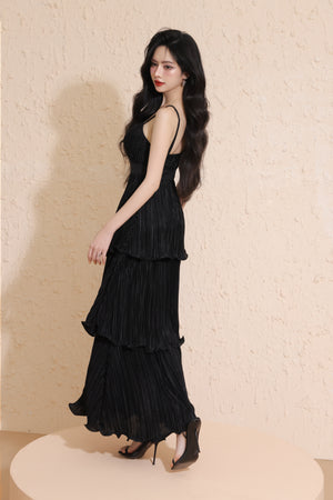 
                  
                    Load image into Gallery viewer, Xylia Pleated Tiered Maxi Dress in Black
                  
                
