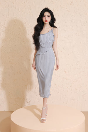 
                  
                    Load image into Gallery viewer, Arcelia Pleated Toga Dress in Grey Blue
                  
                