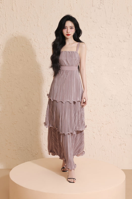 Xylia Pleated Tiered Maxi Dress in Mauve
