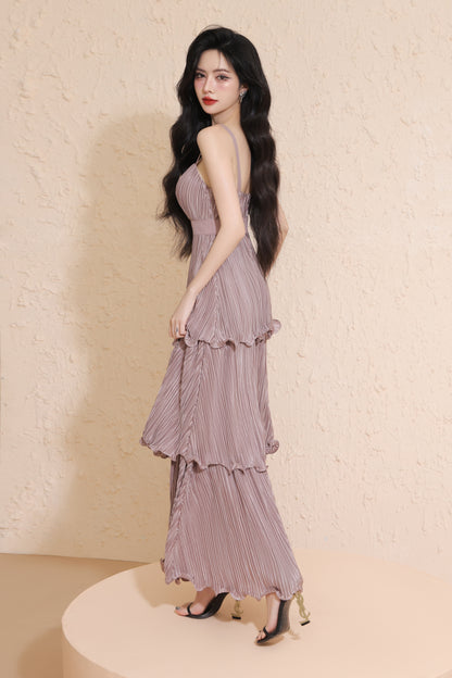 Xylia Pleated Tiered Maxi Dress in Mauve