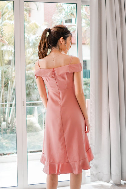 Caralle Off Shoulder Flutter Dress in Pink