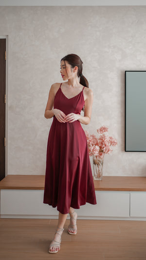 
                  
                    Load image into Gallery viewer, Caralia Satin Cross Back Dress in Burgundy
                  
                