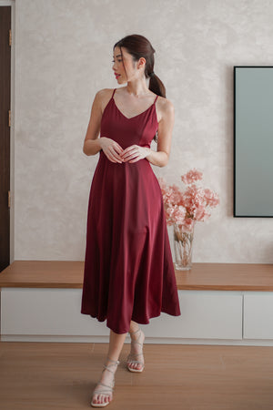 
                  
                    Load image into Gallery viewer, Caralia Satin Cross Back Dress in Burgundy
                  
                