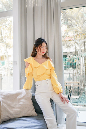 
                  
                    Load image into Gallery viewer, *PREMIUM * - Irolia Flutter Off Shoulder Top in Pastel Yellow - Self Manufactured by LBRLABEL
                  
                