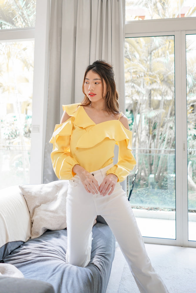 
                  
                    Load image into Gallery viewer, *PREMIUM * - Irolia Flutter Off Shoulder Top in Pastel Yellow - Self Manufactured by LBRLABEL
                  
                
