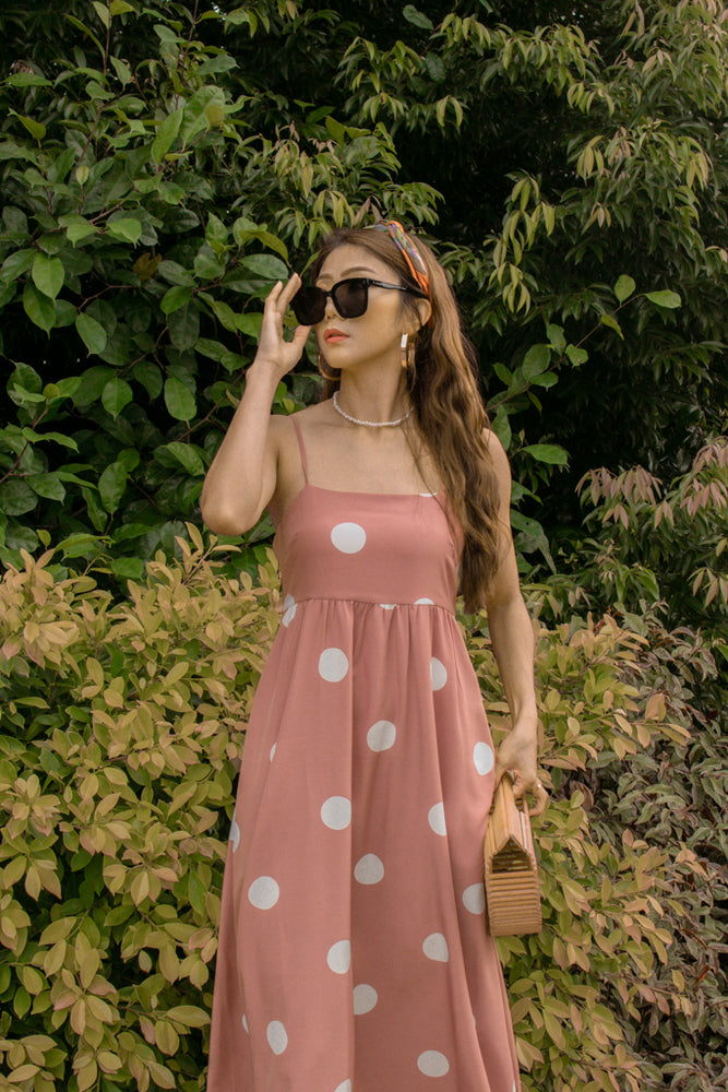
                  
                    Load image into Gallery viewer, Margaret Polka Dot Maxi Dress in Dusty Rose
                  
                