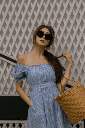 
                  
                    Load image into Gallery viewer, Laura Striped Textured Dress in Dark Blue
                  
                