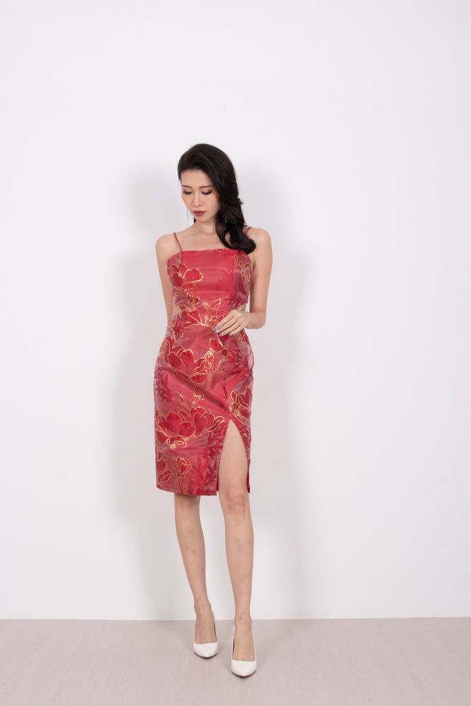 
                  
                    Load image into Gallery viewer, Annabellia Slit Cut Dress in Red
                  
                