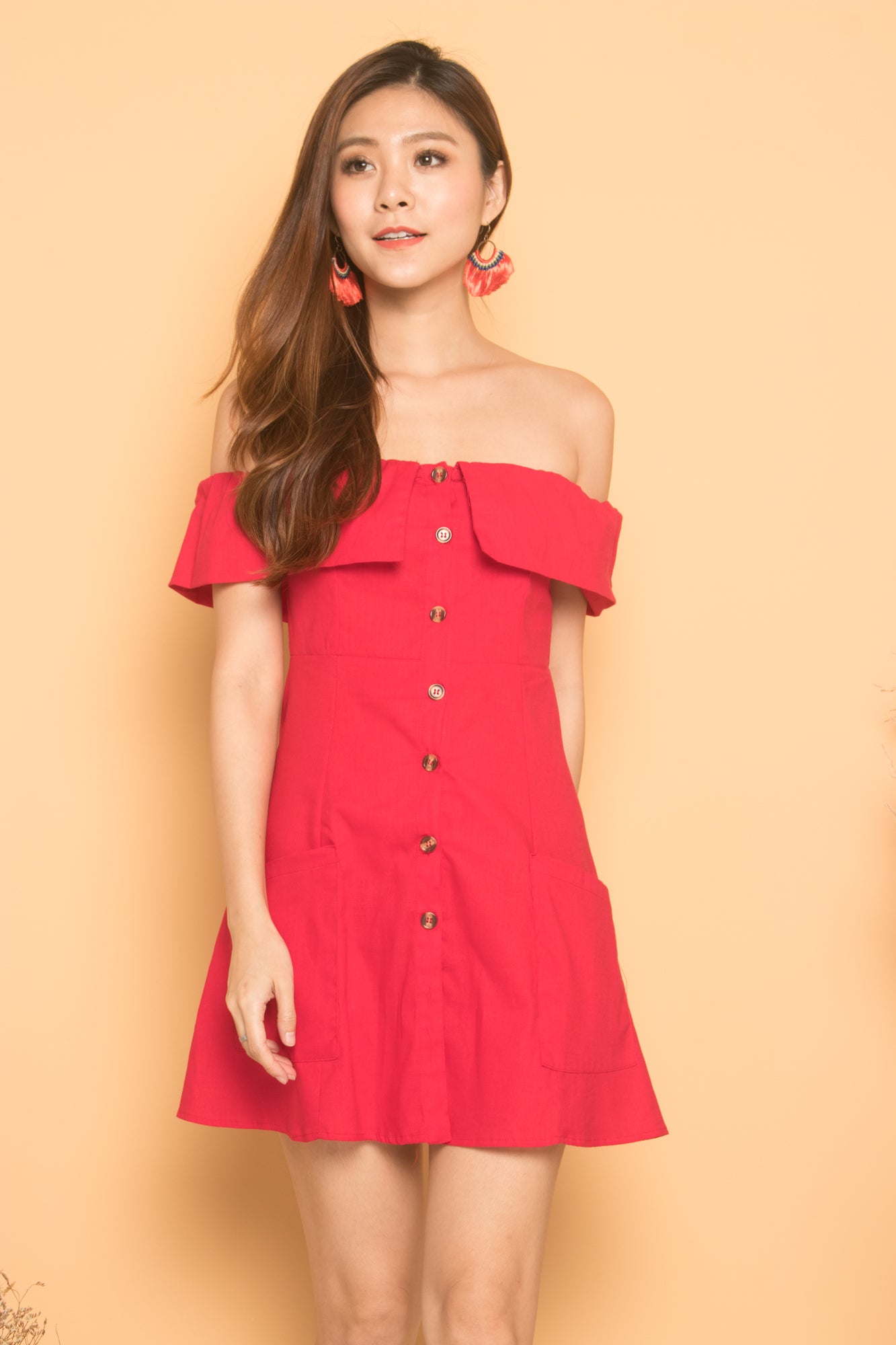Madeali Offsie Button Dress in Red