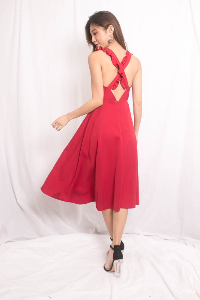 
                  
                    Load image into Gallery viewer, Maxia Cross Back Midi Dress in Burgundy Red
                  
                