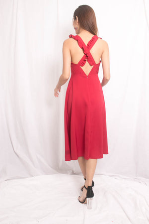 
                  
                    Load image into Gallery viewer, Maxia Cross Back Midi Dress in Burgundy Red
                  
                