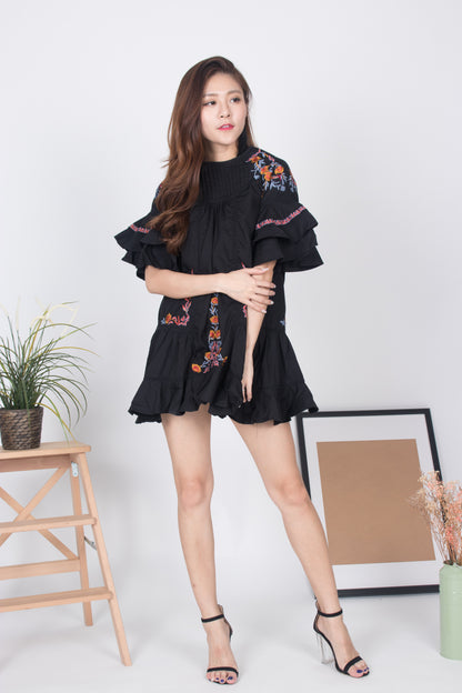 LUXE - ANGELA EMBROIDED FLARE DRESS IN BLACK