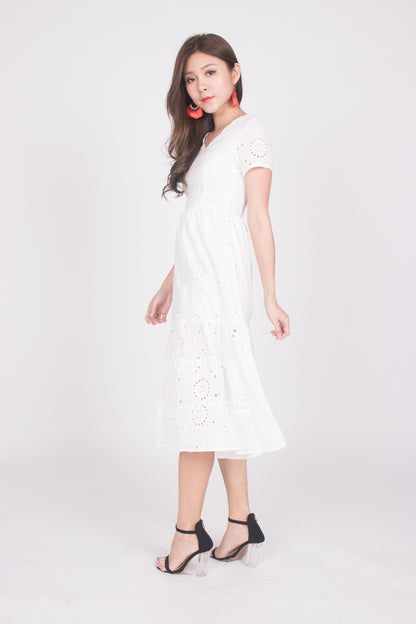 Yista Eyelet Midi Dress in White