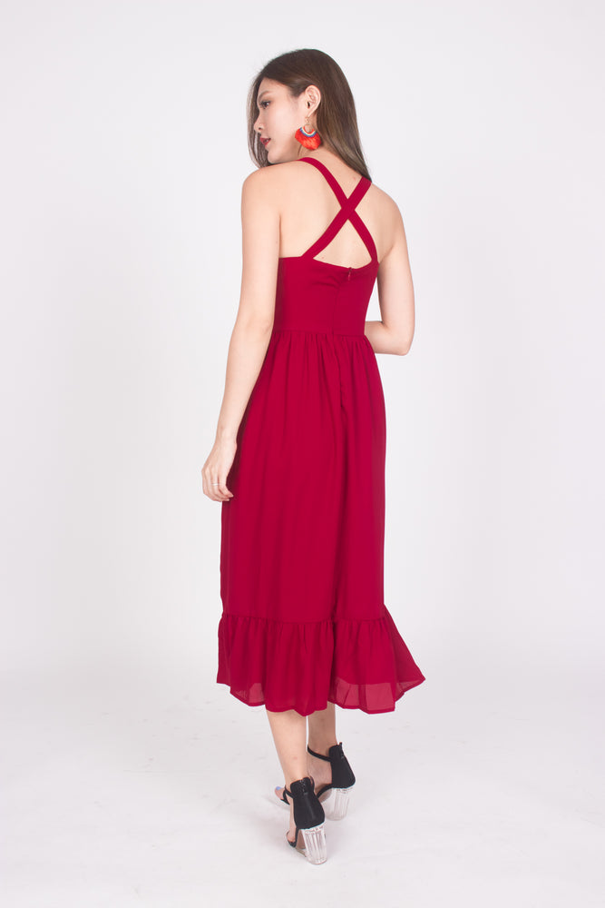 
                  
                    Load image into Gallery viewer, * PREMIUM * Derelia Cross Back Midi Dress in Burgundy - LBRLABEL MANUFACTURED
                  
                