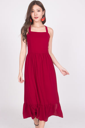 
                  
                    Load image into Gallery viewer, * PREMIUM * Derelia Cross Back Midi Dress in Burgundy - LBRLABEL MANUFACTURED
                  
                