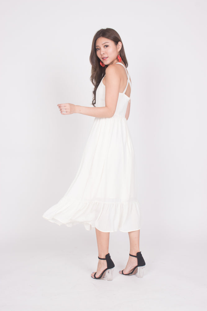 
                  
                    Load image into Gallery viewer, * PREMIUM * Derelia Cross Back Midi Dress in Cream - LBRLABEL MANUFACTURED
                  
                
