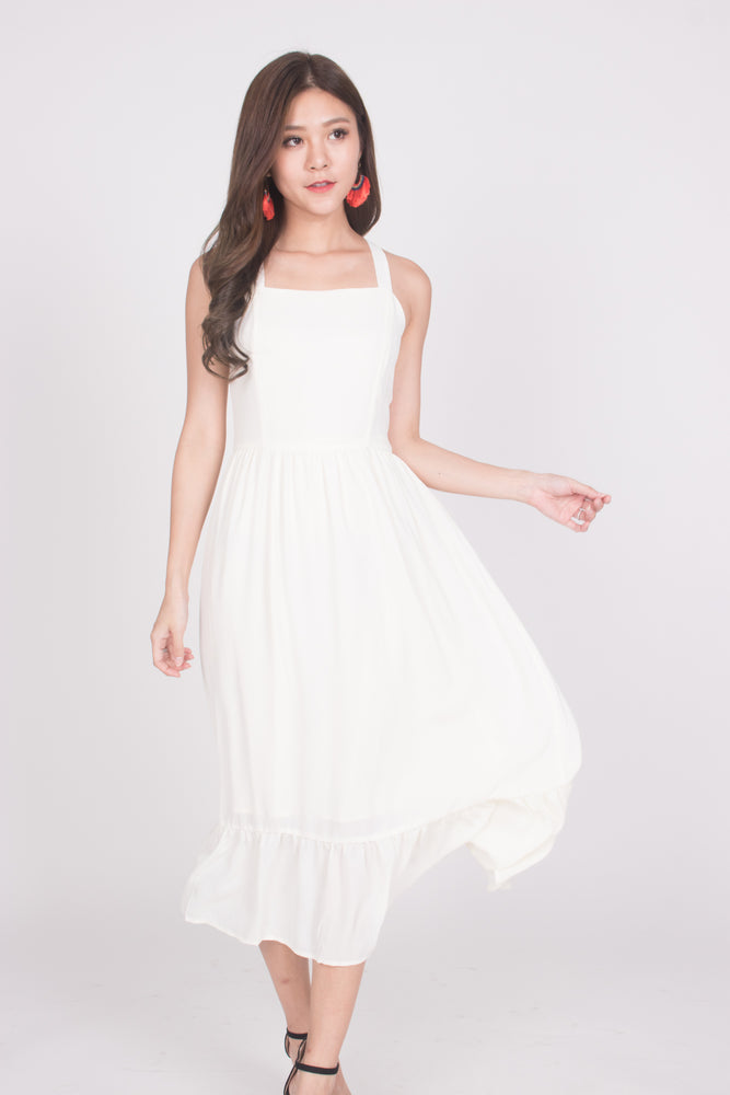 
                  
                    Load image into Gallery viewer, * PREMIUM * Derelia Cross Back Midi Dress in Cream - LBRLABEL MANUFACTURED
                  
                