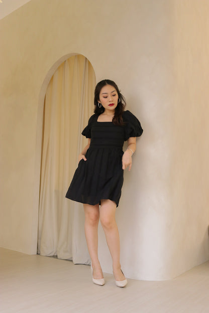 Melanie Babydoll Dress Romper Dress in Black