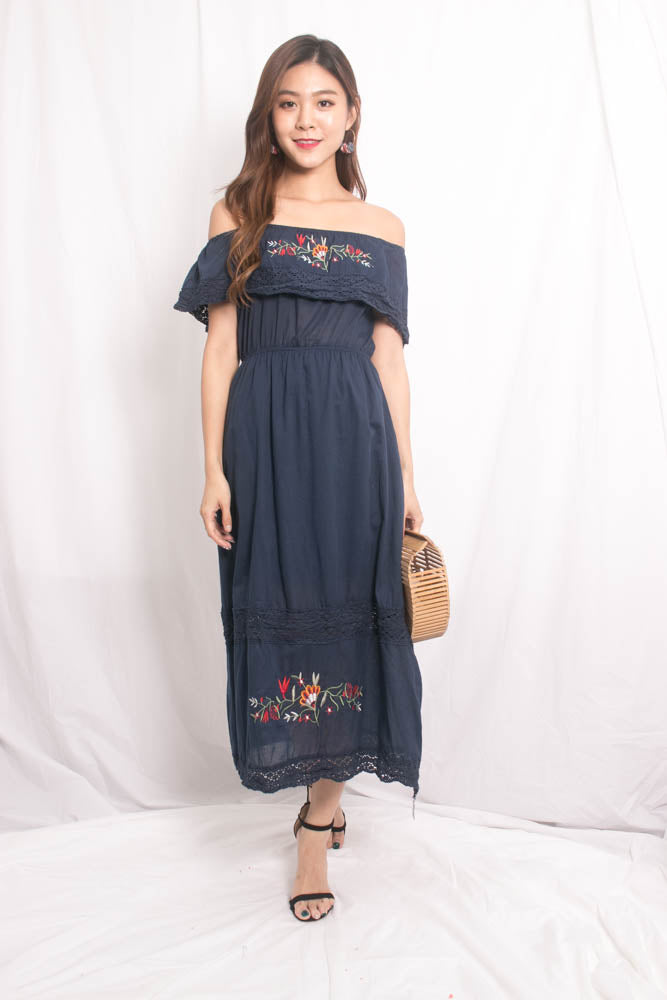 Shella Embroided Dress in Navy