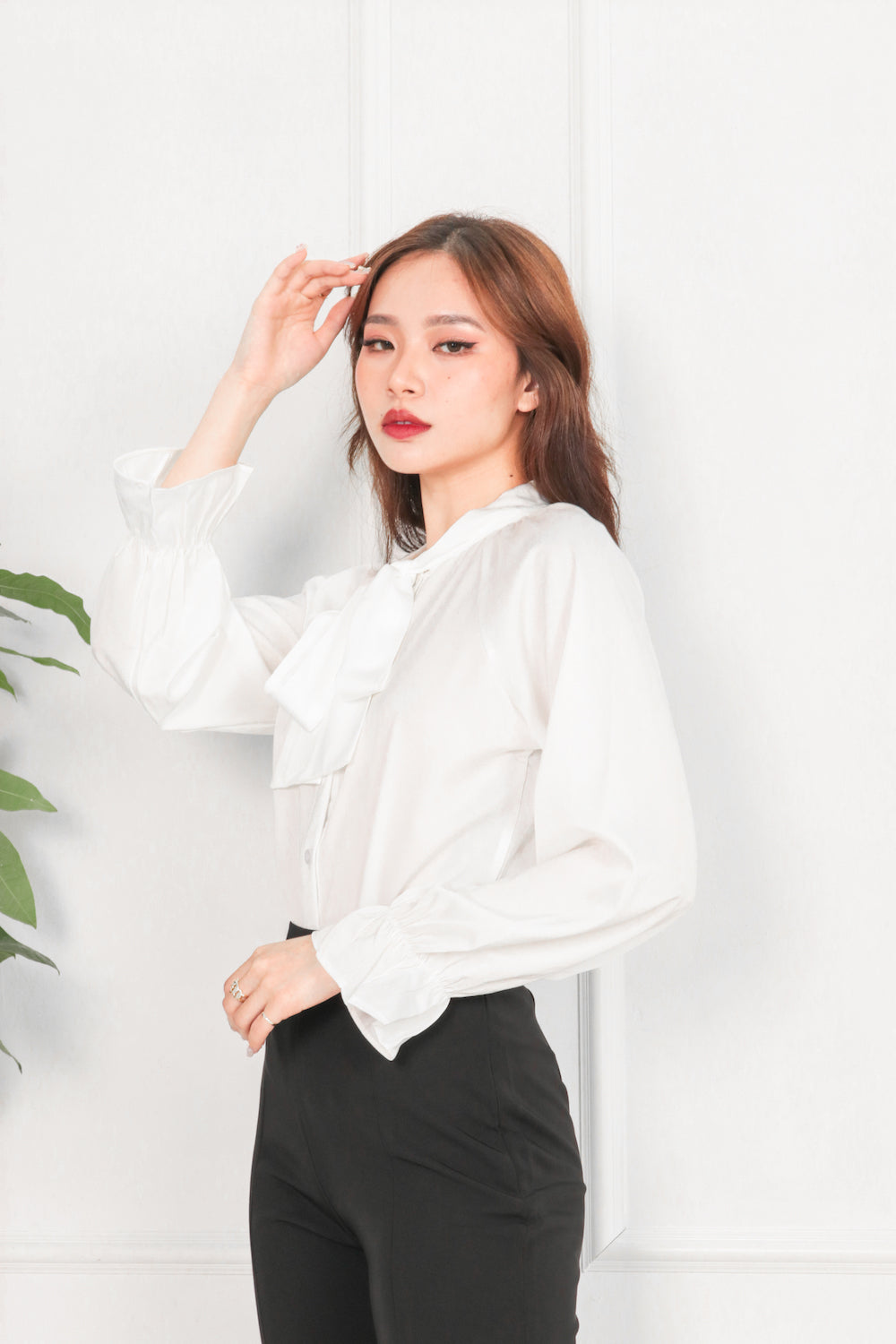* PREMIUM * - Fleulia Ribbon Long Sleeve Top in White - SELF MANUFACTURED BY LBRLABEL