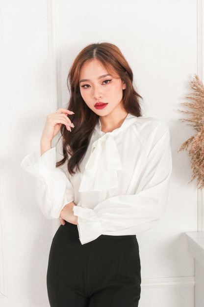 * PREMIUM * - Fleulia Ribbon Long Sleeve Top in White - SELF MANUFACTURED BY LBRLABEL