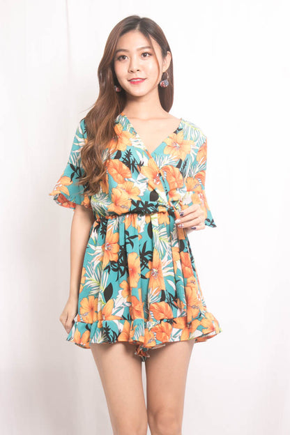 Sally Floral Printed Romper in Green