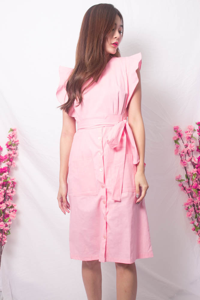 
                  
                    Load image into Gallery viewer, Maire Flutter Midi Dress in Pink
                  
                