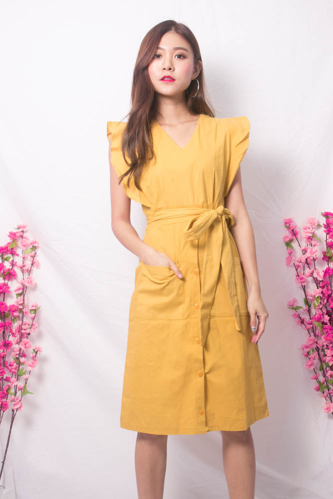 
                  
                    Load image into Gallery viewer, Maire Flutter Midi Dress in Yellow
                  
                