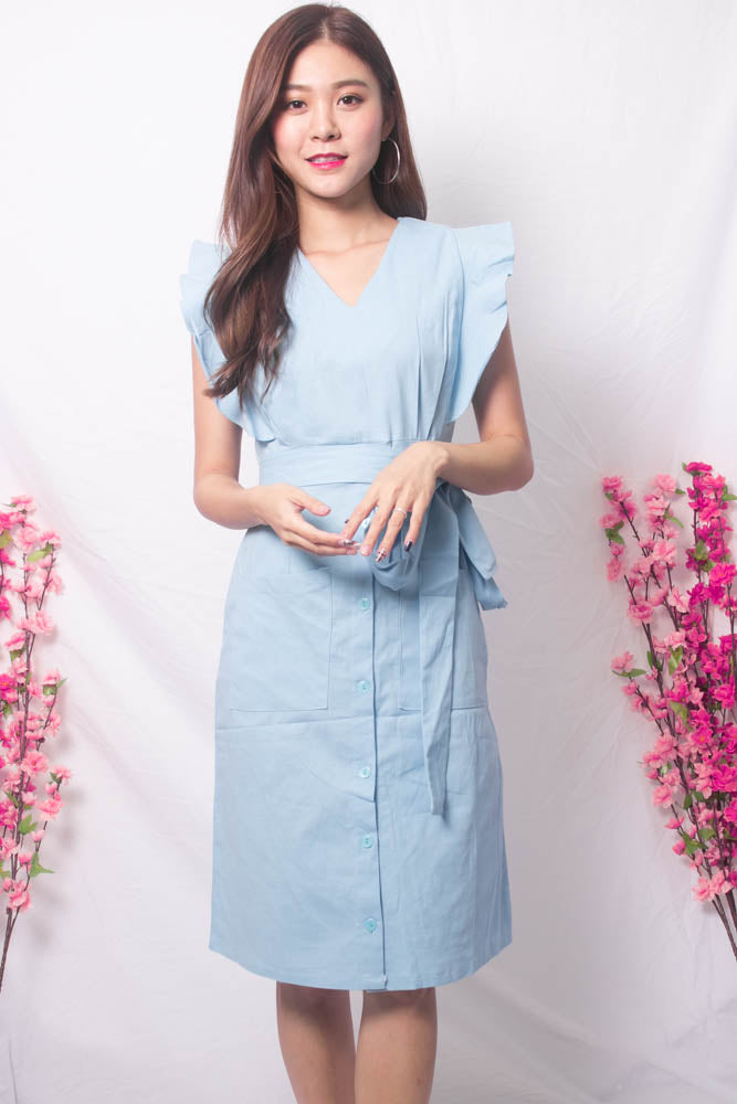 
                  
                    Load image into Gallery viewer, Maire Flutter Midi Dress in Blue
                  
                