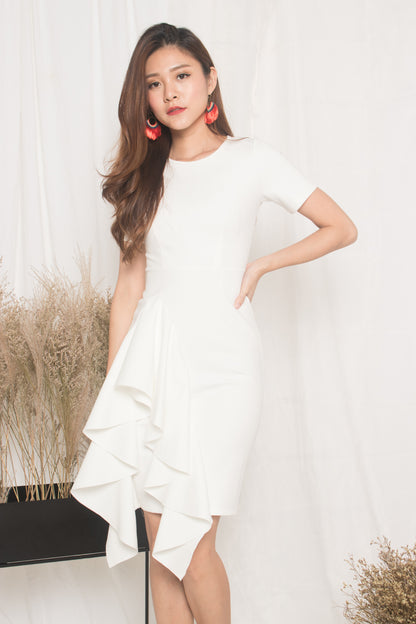 *PREMIUM* - Earilia Sleeved Flutter Dress in White - LBRLABEL MANUFACTURED