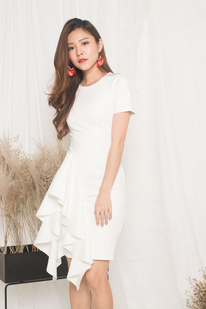 *PREMIUM* - Earilia Sleeved Flutter Dress in White - LBRLABEL MANUFACTURED