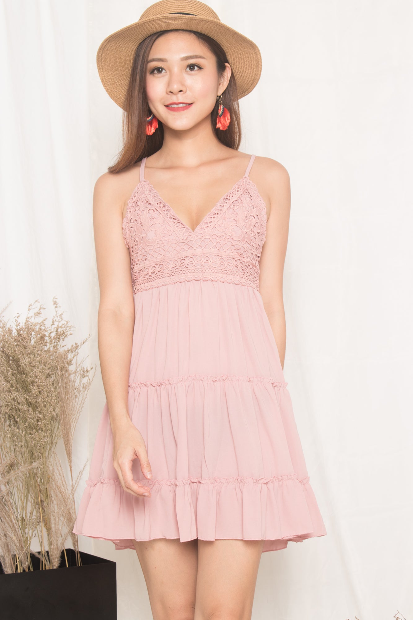Verila Crochet Ribbon Back Dress in Pink