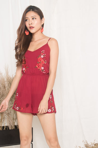Jeusa Embroided Romper in Burgundy