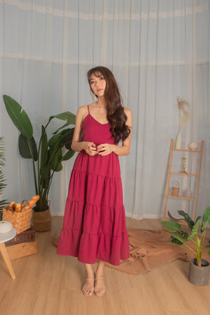 
                  
                    Load image into Gallery viewer, *PREMIUM* - Joeylia Tiered Maxi Dress in Dark Magenta Red- Self Manufactured by LBRLABEL
                  
                