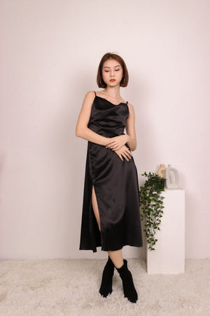 
                  
                    Load image into Gallery viewer, Candice Satin Slit Dress in Black
                  
                