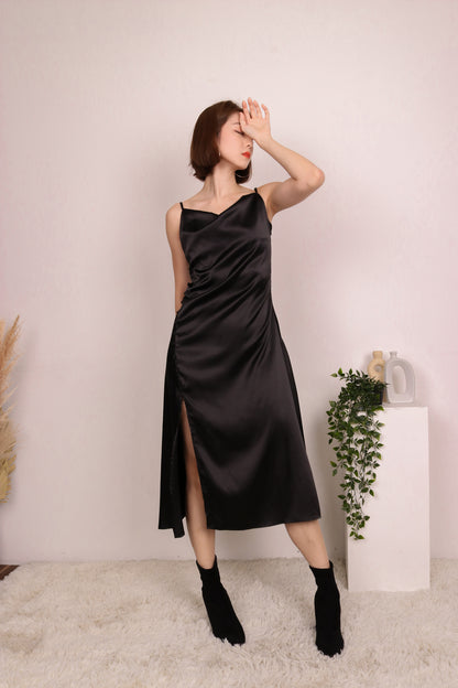 Candice Satin Slit Dress in Black