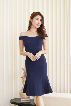 
                  
                    Load image into Gallery viewer, Mikaylia Off-Shoulder Dress in Navy
                  
                