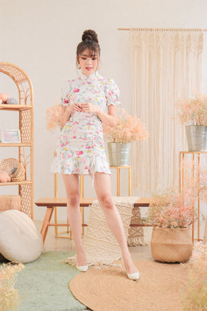 
                  
                    Load image into Gallery viewer, * PREMIUM * - Algelia Floral Cheongsam Dress in White - Self Manufactured by LBRLABEL only
                  
                