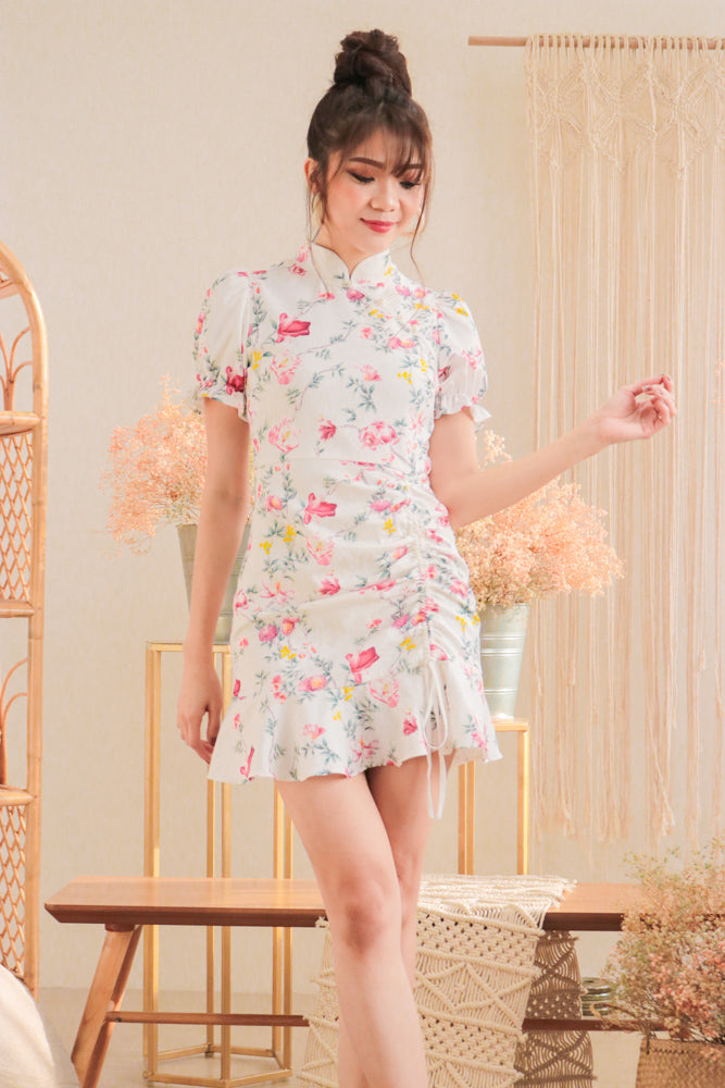 * PREMIUM * - Algelia Floral Cheongsam Dress in White - Self Manufactured by LBRLABEL only