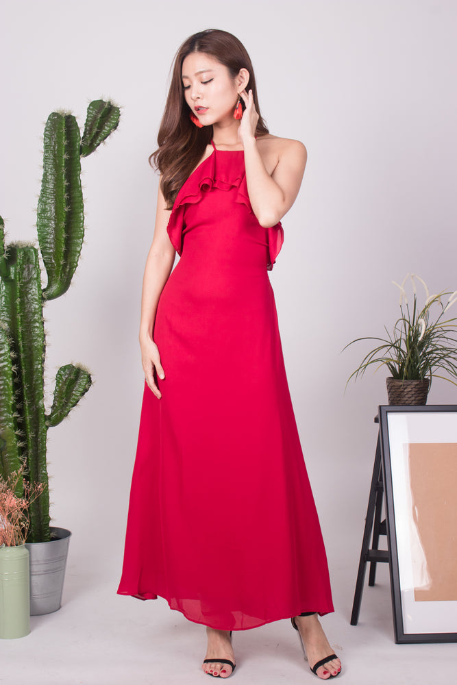 * LUXE * - Maryjane Flutter Halter Gown Dress in Red