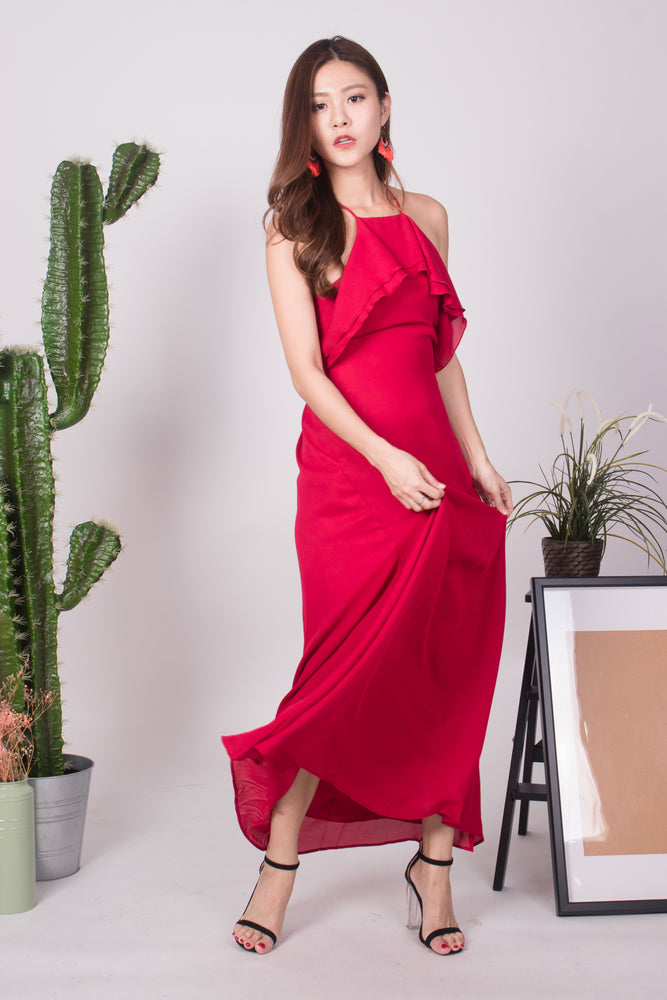 
                  
                    Load image into Gallery viewer, * LUXE * - Maryjane Flutter Halter Gown Dress in Red
                  
                