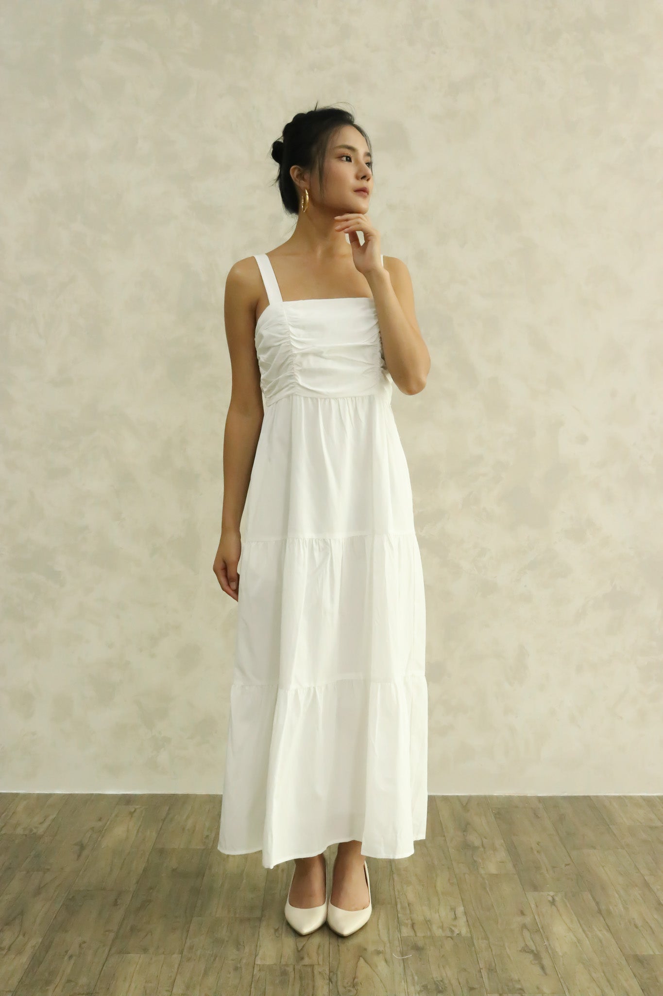 Jermaine Ruched Midi Dress in White