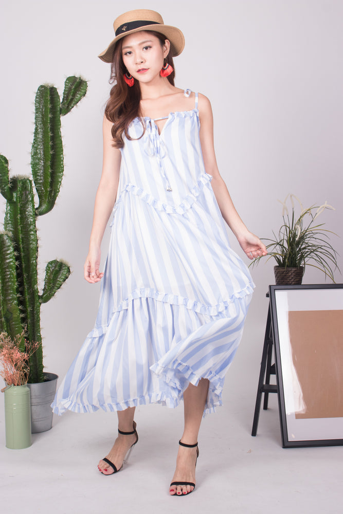 
                  
                    Load image into Gallery viewer, * LUXE * - Bretila Stripes Flutter Maxi Dress in Blue
                  
                
