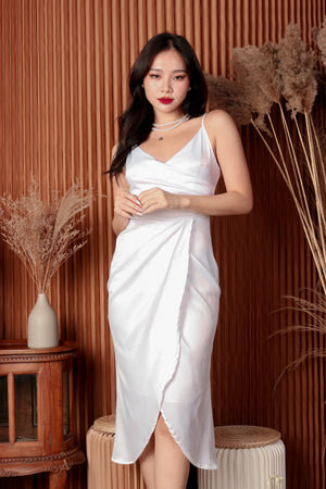 
                  
                    Load image into Gallery viewer, Freylia Drape Midi Satin Dress in White
                  
                